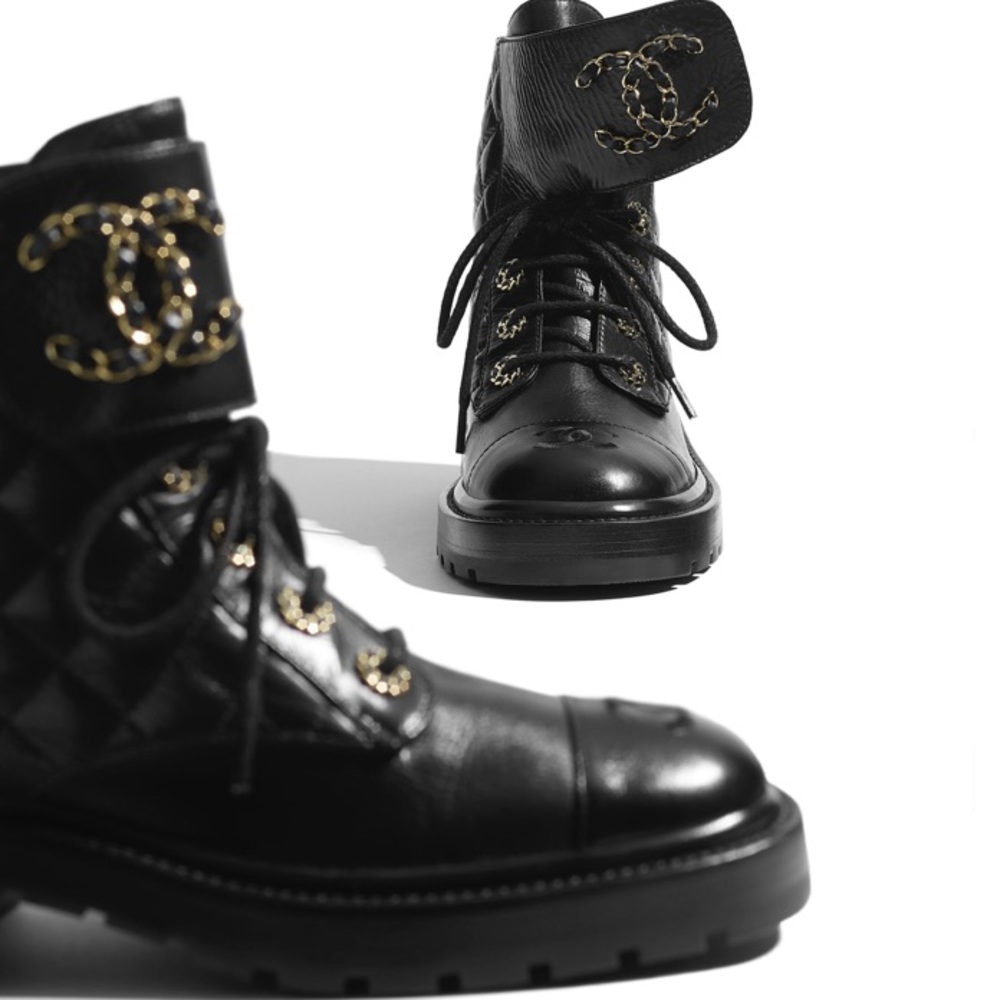CHANEL 2020 Lace-Up Black Combat Boots